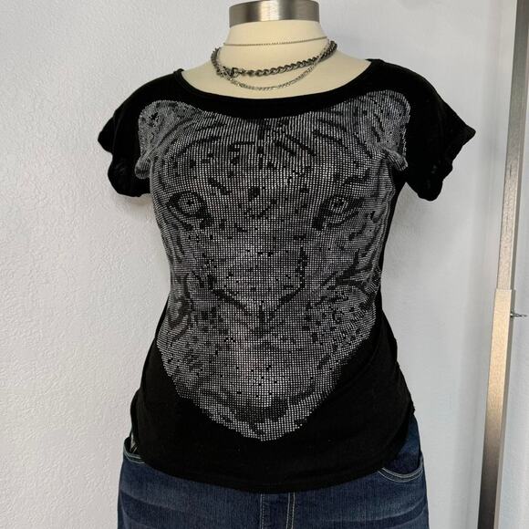 Y2K Rhinestone Tiger Shirt Black Indie Sleaze - Picture 1 of 6